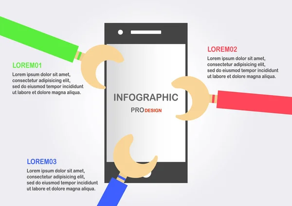 Infográficos planos com mão segurar telefone celular em cinza e branco — Vetor de Stock