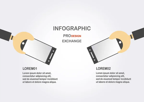 Infográficos planos com mão segurar telefone celular em cinza e branco — Vetor de Stock