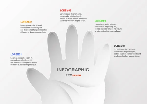 Elementos infográficos planos com mão sobre fundo cinza e branco — Vetor de Stock