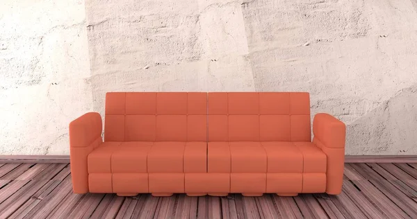 Rode sofa is op houten vloer met cement achtergrond. 3D-rendering. — Stockfoto