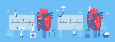 Cardiology vector illustration. This heart disease problem is arrhythmia. Comparison of normal and unusual signals from left to right respectively. Tiny flat design. clipart