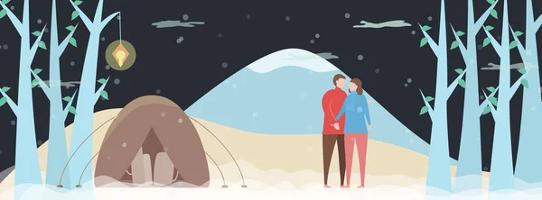 恋人は夜森の中でキャンプしている シーンは冬の季節のために設計されています 平型ベクトルイラスト — ストックベクタ