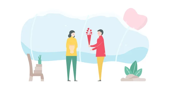 男はガールフレンドに花束を渡す 冬の季節のカップルの愛についてのシーンデザイン 平型ベクトルイラスト — ストックベクタ