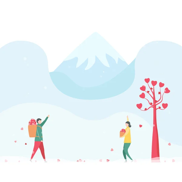 Man harvests hearts for his girlfriend among mountain scene. Couple of love design in winter season. Vector illustration in flat style.