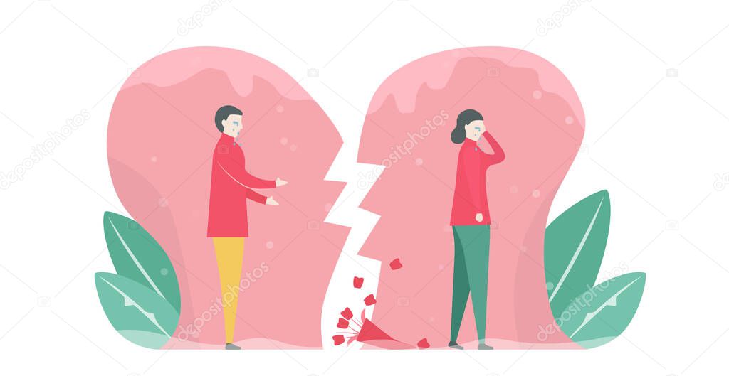 Broken heart of lover. Drop down of rose. Scene design about couple of love in winter season. Vector illustration in flat style. 