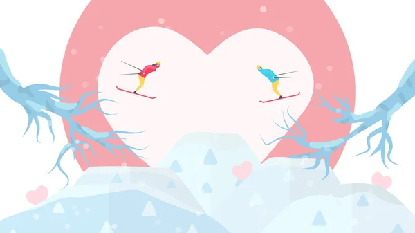 Romantic Adults Couple Play Ski Character Design People Winter Season — Stock Vector