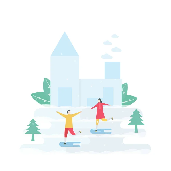 Lover Speelt Schaatsen Scène Ontworpen Voor Het Winterseizoen Vector Illustratie — Stockvector