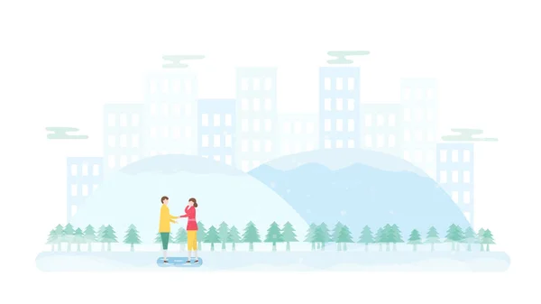 Lover Speelt Schaatsen Scène Ontworpen Voor Het Winterseizoen Vector Illustratie — Stockvector