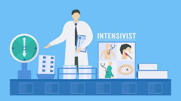 Hospital Intensivist Physician Specializes Care Treatment Patients Intensive Case Checking — Stock Vector