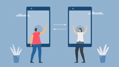Akıllı telefon teknolojisiyle çevrimiçi iletişim. Bu yılın eğilimi için sosyal uzaklık tasarımı. Bu bir koronavirüs veya COVID-19. Vektör illüstrasyonu düz stil. Evden çalış..