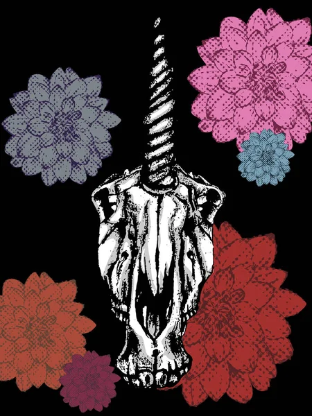 Vehand dessiné crâne licorne et fleurs colorées — Image vectorielle