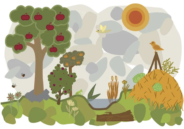 Paisaje de una permacultura agrícola — Vector de stock