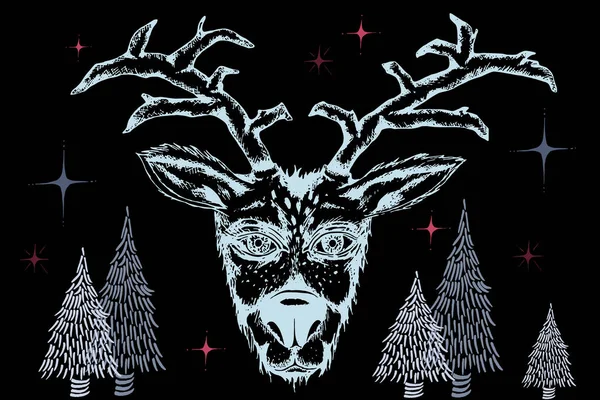 Composizione in colori negativi di abeti di renna disegnati a mano e stelle — Vettoriale Stock