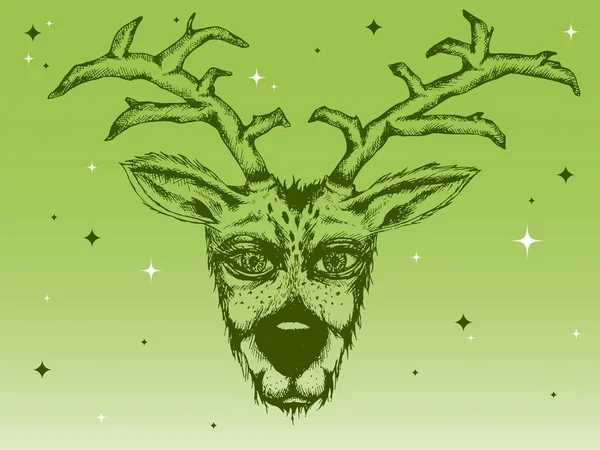 Illustration verte dessinée à la main renne et scintille — Image vectorielle