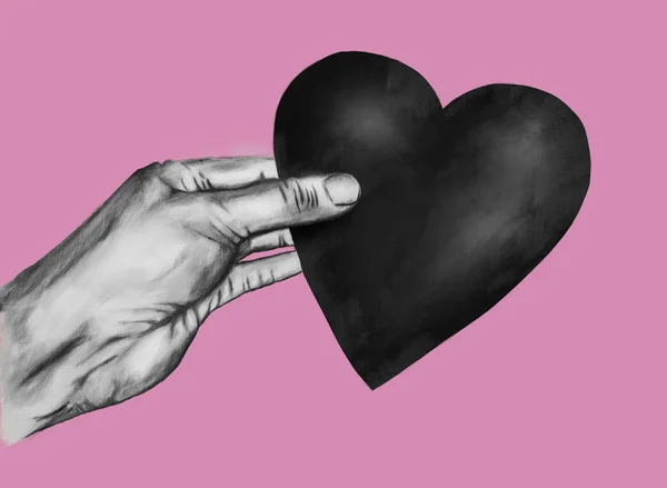 Реалистичный Ручной Рисунок Серых Оттенков Иллюстрация Руки Держащей Сердце Цифровой — стоковое фото