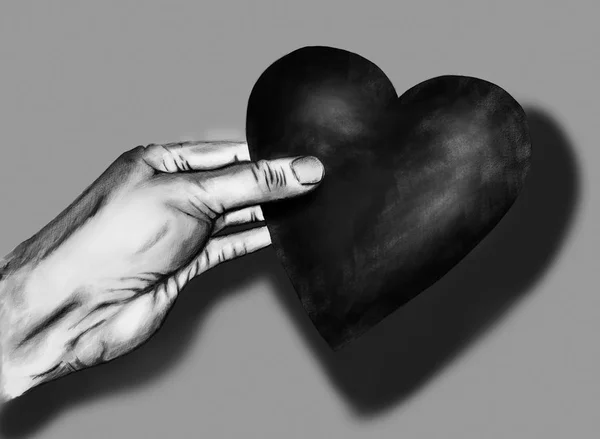 Realistic Hand Drawn Illustration Hand Holding Heart Digital Painting Grey — Stock Photo, Image