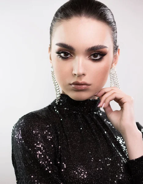 Portrait Young Beautiful Elegant Woman Black Sequin Evening Dress Bright — Stock Photo, Image