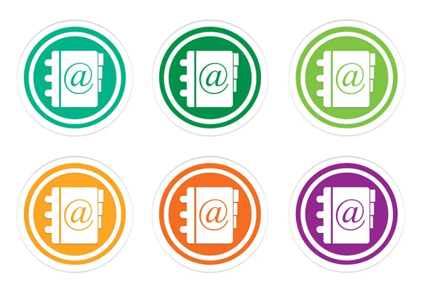 Set of rounded colorful icons with address book symbol