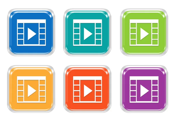 Set di pulsanti quadrati colorati con simbolo del film — Foto Stock