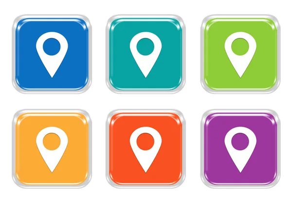 Set of squared colorful buttons with markers on maps symbol — Stock Photo, Image