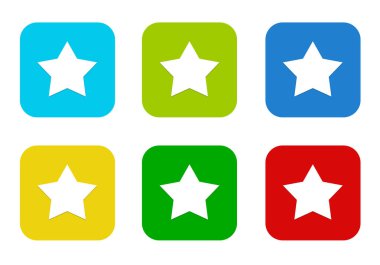 Mavi, yeşil, sarı, mavi ve kırmızı renklerde yıldız sembolü ile yuvarlak kare renkli düz simgeler kümesi