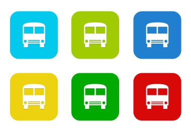 Mavi, yeşil, sarı, mavi ve kırmızı renklerde otobüs simgesiyle yuvarlatılmış kare renkli düz simgeler kümesi