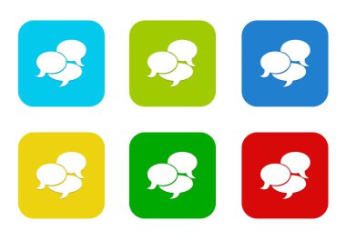 Mavi, yeşil, sarı, mavi ve kırmızı renklerde kabarcık konuşmalar simgesiyle yuvarlatılmış kare renkli düz simgeler kümesi