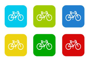 Mavi, yeşil, sarı, mavi ve turuncu renklerde Bisiklet simgesiyle yuvarlatılmış kare renkli düz simgeler kümesi