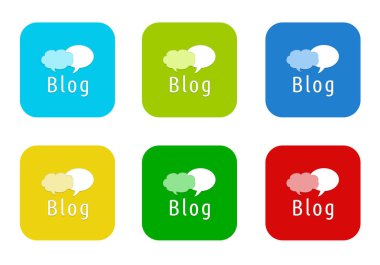 Mavi, yeşil, sarı, mavi ve kırmızı renklerde blog simgesiyle yuvarlatılmış kare renkli düz simgeler kümesi