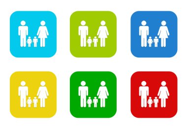 Mavi, yeşil, sarı, mavi ve kırmızı renklerde aile simgesiyle yuvarlatılmış kare renkli düz simgeler kümesi