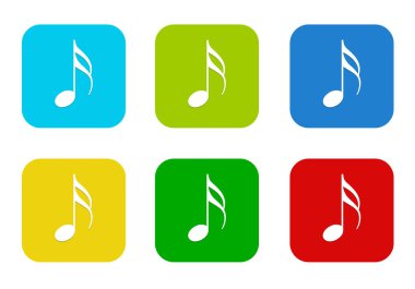 Mavi, yeşil, sarı, mavi ve kırmızı renklerde müzik simgesiyle yuvarlatılmış kare renkli düz simgeler kümesi