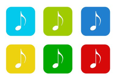 Mavi, yeşil, sarı, mavi ve kırmızı renklerde müzik simgesiyle yuvarlatılmış kare renkli düz simgeler kümesi