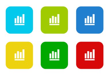 Çubuk grafik simgesi mavi, yeşil, sarı, mavi ve kırmızı renklerde olan yuvarlak kare renkli düz simgeler kümesi