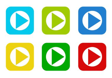 Mavi, yeşil, sarı, mavi ve kırmızı renklerde oyun simgesiyle yuvarlatılmış kare renkli düz simgeler kümesi