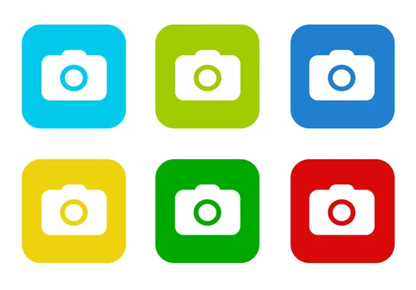 一套圆形方形彩色平面图标 带有蓝色 青色和红色的相机符号 — 图库照片