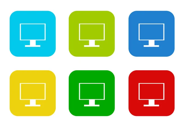 水色と赤の色のテレビ画面やコンピューター モニターのシンボルと丸みを帯びた正方形カラフルなフラット アイコンのセット — ストック写真