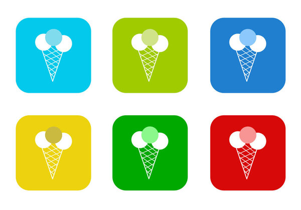 Set of rounded square colorful flat icons with ice cream cone symbol in blue, green, yellow, cyan and red colors