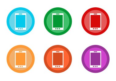 Mavi, yeşil, kırmızı, sarı, pembe ve turuncu renklerde telefon simgesiyle yuvarlak renkli düğme kümesi