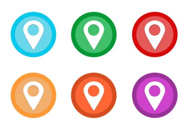 Mavi, yeşil, kırmızı, sarı, pembe ve turuncu renklerde haritalarda imleçli yuvarlak renkli düğme kümesi