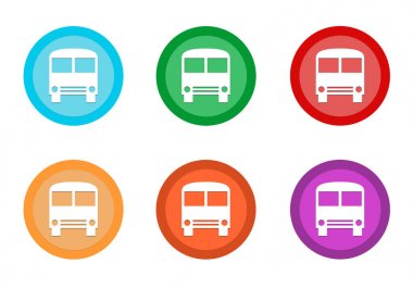 Mavi, yeşil, kırmızı, sarı, pembe ve turuncu renklerde otobüs simgesiyle yuvarlak renkli düğme kümesi