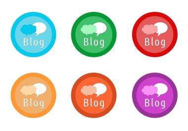 Mavi, yeşil, kırmızı, sarı, pembe ve turuncu renklerde blog simgesiyle yuvarlak renkli düğme kümesi