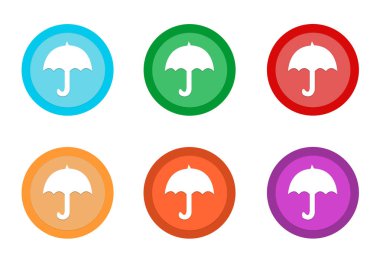 Mavi, yeşil, kırmızı, sarı, pembe ve turuncu renklerde şemsiye simgesiyle yuvarlak renkli düğme kümesi
