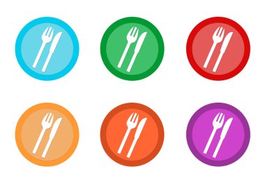 Mavi, yeşil, kırmızı, sarı, pembe ve turuncu renklerde Restoran simgesiyle yuvarlak renkli düğme kümesi