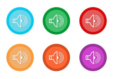 Hoparlör simgesi mavi, yeşil, kırmızı, sarı, pembe ve turuncu renklerde olan yuvarlak renkli düğme kümesi