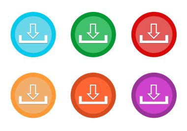 Download simgesi mavi, yeşil, kırmızı, sarı, pembe ve turuncu renklerde olan yuvarlak renkli düğme kümesi