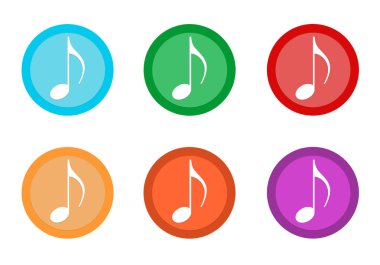 Mavi, yeşil, sarı, turuncu, mor ve kırmızı renklerde müzik simgesiyle yuvarlak renkli düğme kümesi