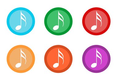 Mavi, yeşil, sarı, turuncu, mor ve kırmızı renklerde müzik simgesiyle yuvarlak renkli düğme kümesi
