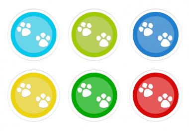 Evde beslenen hayvan ayak izleri simgesi mavi, yeşil, sarı, mavi ve kırmızı renklerde olan yuvarlak renkli düğme kümesi
