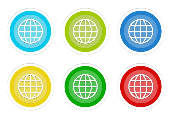 Набор Округлых Красочных Кнопок Мировым Символом Синем Зеленом Желтом Голубом — стоковое фото