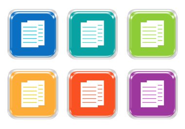 Belgeler veya mavi, yeşil, sarı, mor ve turuncu renklerde haber sembolü ile yuvarlak kare renkli düğme kümesi